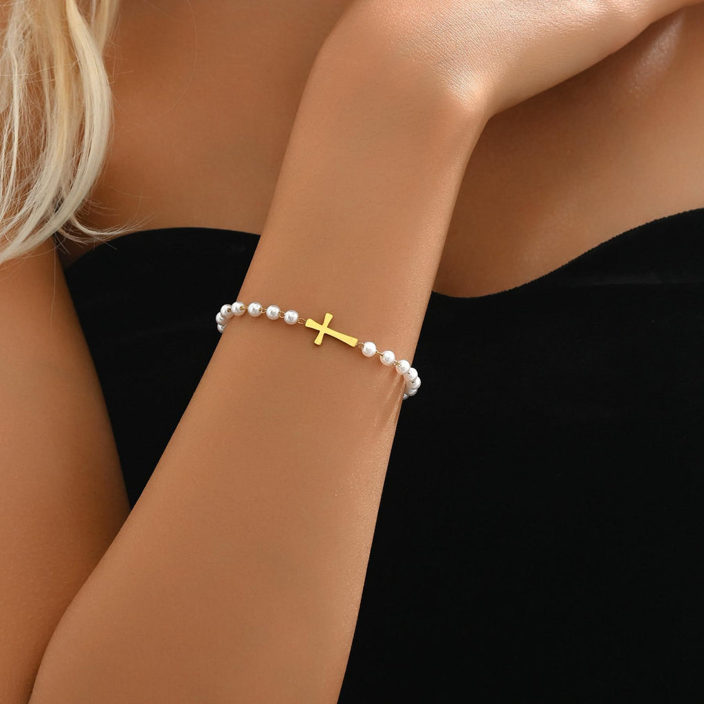 White Pearl Chain Bracelet Stainless Steel Cross Faith