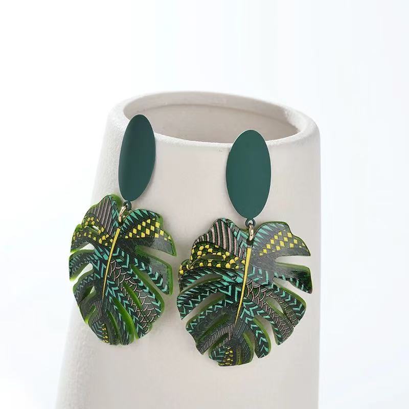 Green Palm Leaf Stud Earrings Minority Design Earrings