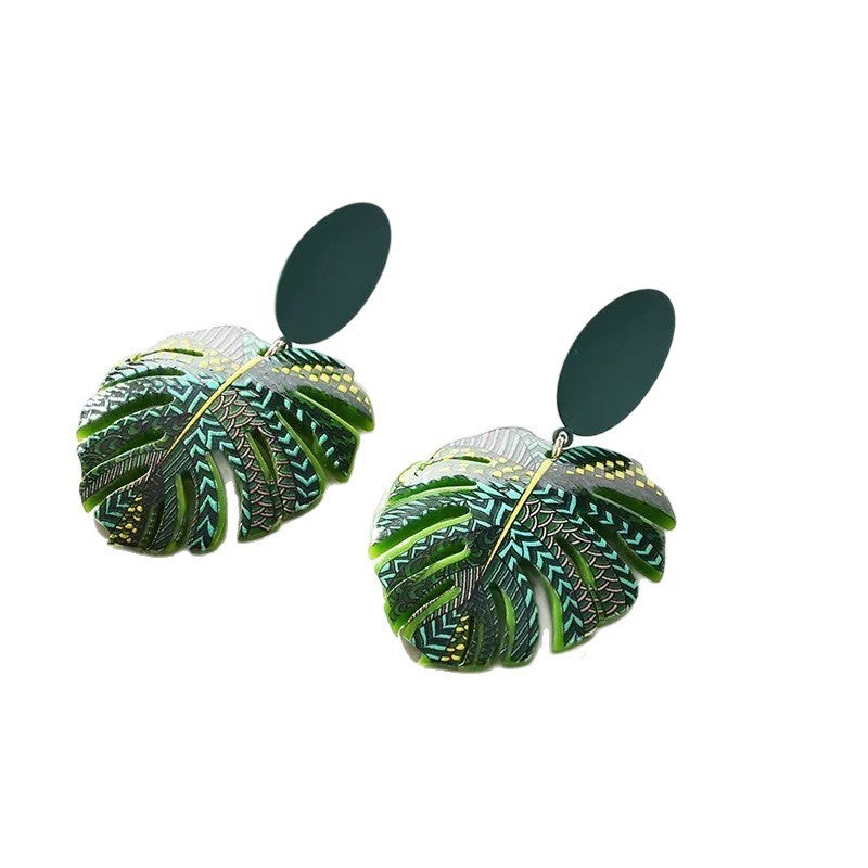 Green Palm Leaf Stud Earrings Minority Design Earrings