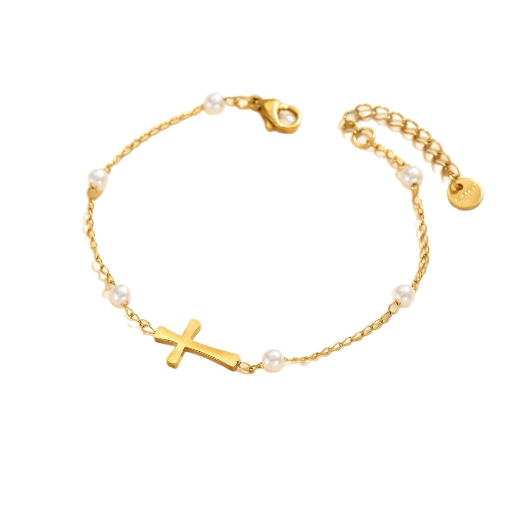 White Pearl Chain Bracelet Stainless Steel Cross Faith