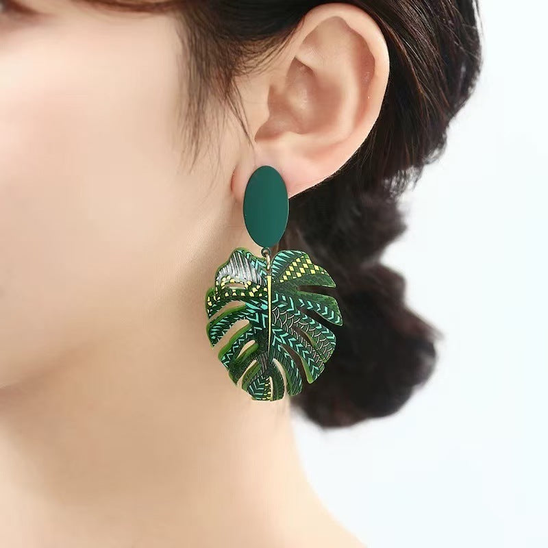 Green Palm Leaf Stud Earrings Minority Design Earrings
