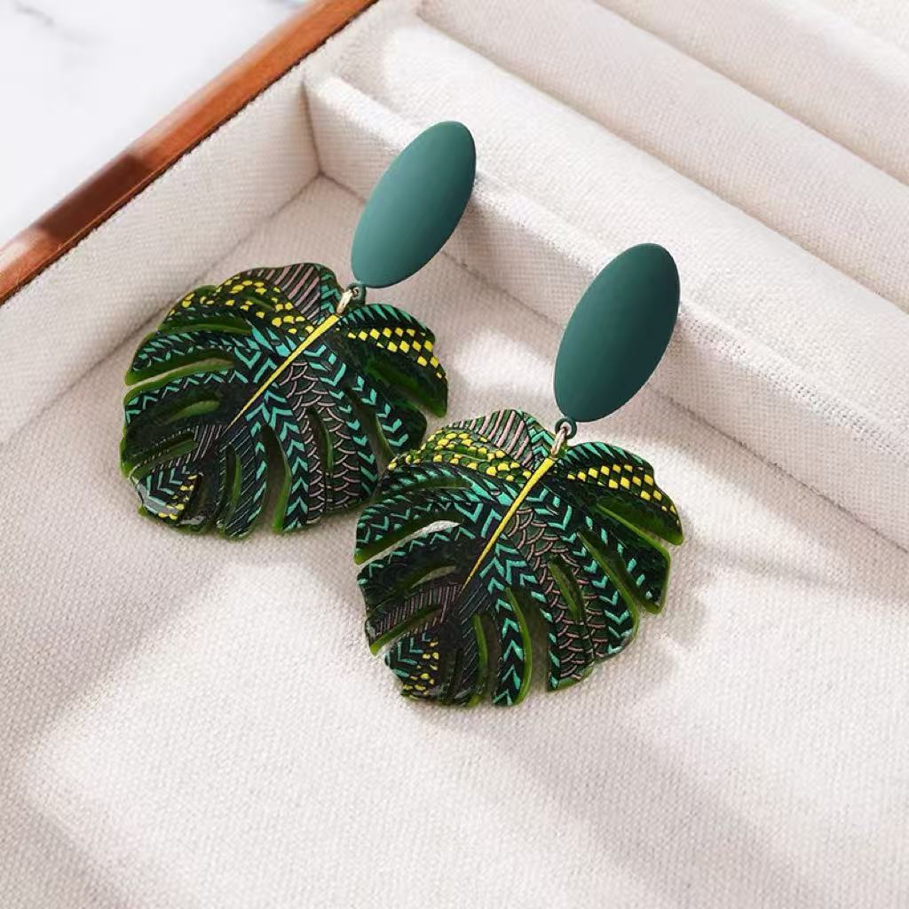 Green Palm Leaf Stud Earrings Minority Design Earrings